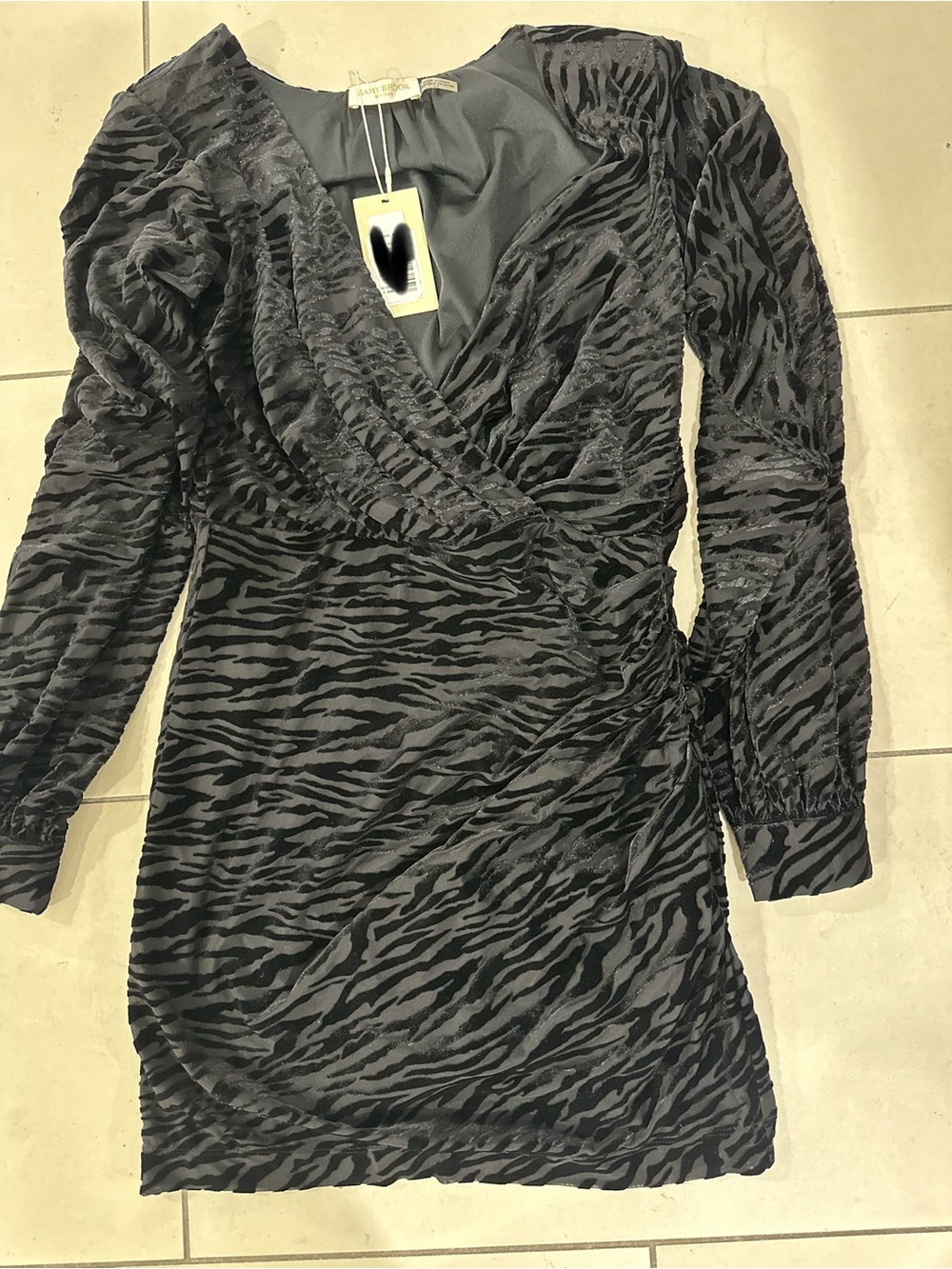 Ramy Brook Black Zebra-Print Long Sleeve Wrap Dress Brand New with Tags